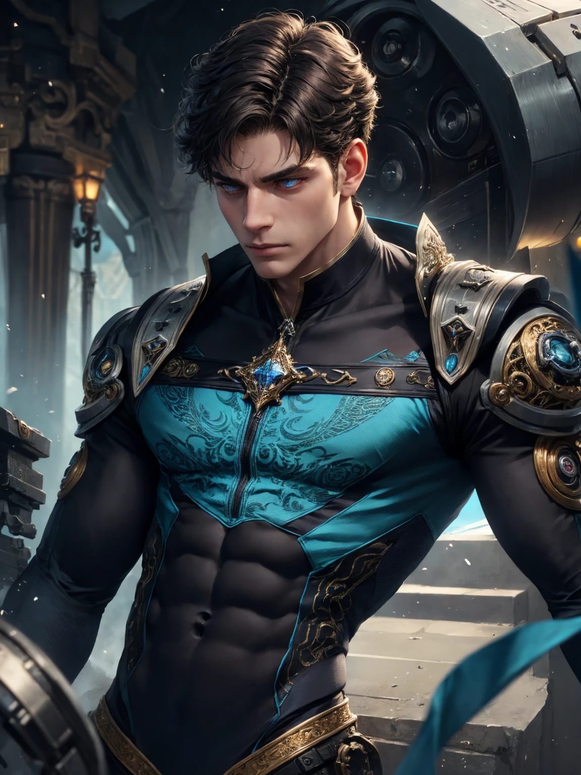 man with halo armor,  in a space base,Slightly rusty aura armor, professional photos, Milky Way Arav, a man with a necklace made of blue crystals on his neck and torso, shirtless., have a belly, Sit comfortably while spreading your legs., (fat(from below:1.1)), Eyes on the viewer, Korean muscular boy, 2 1 years old, [ Strictly defines the abdomen ]!!, perfect body, 21 years old, 22 years old, tear, Medium shot of the big man., Asian man, [ A firmly defined abdomen ]!!, 18 years old,((((Convex crotch)))),A two-colored shawl decorated with blue crystals.