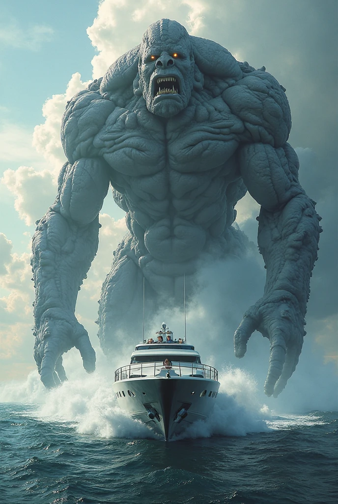 A titan emerges from the waters of a beach to attack a city on a rainy day.