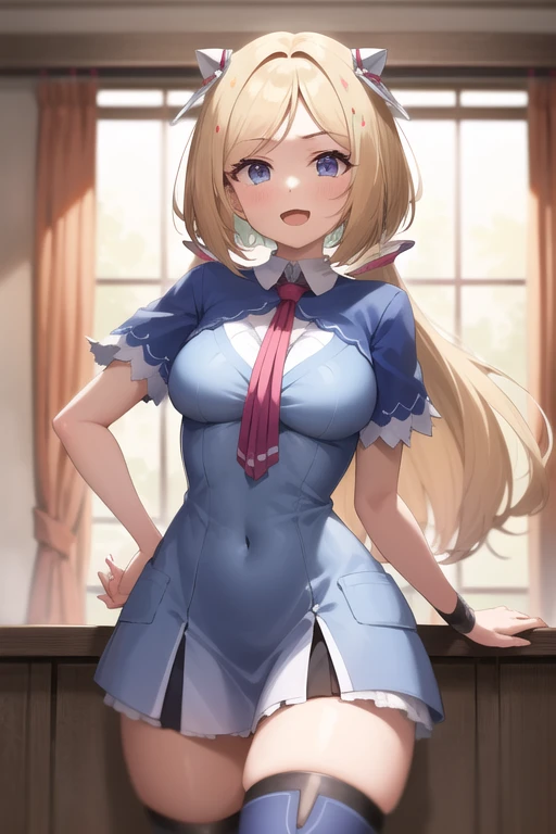 masterpiece, highest quality, super delicate、4K、1 girl, front、looking at the viewer,blonde hair, big breasts、uniform、blue eyes, smile、wide shot、Sit on the floor、lift the skirt、spread legs、panty shot、white underwear、Perspective looking up from below、 ponytail、hair ribbon, white background