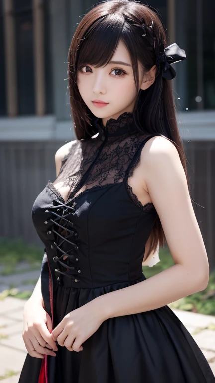 Beautiful Japanese Waifu, early 30s, brunette hair, luxury black lace gown, tattoos on arms, sitting in a library 