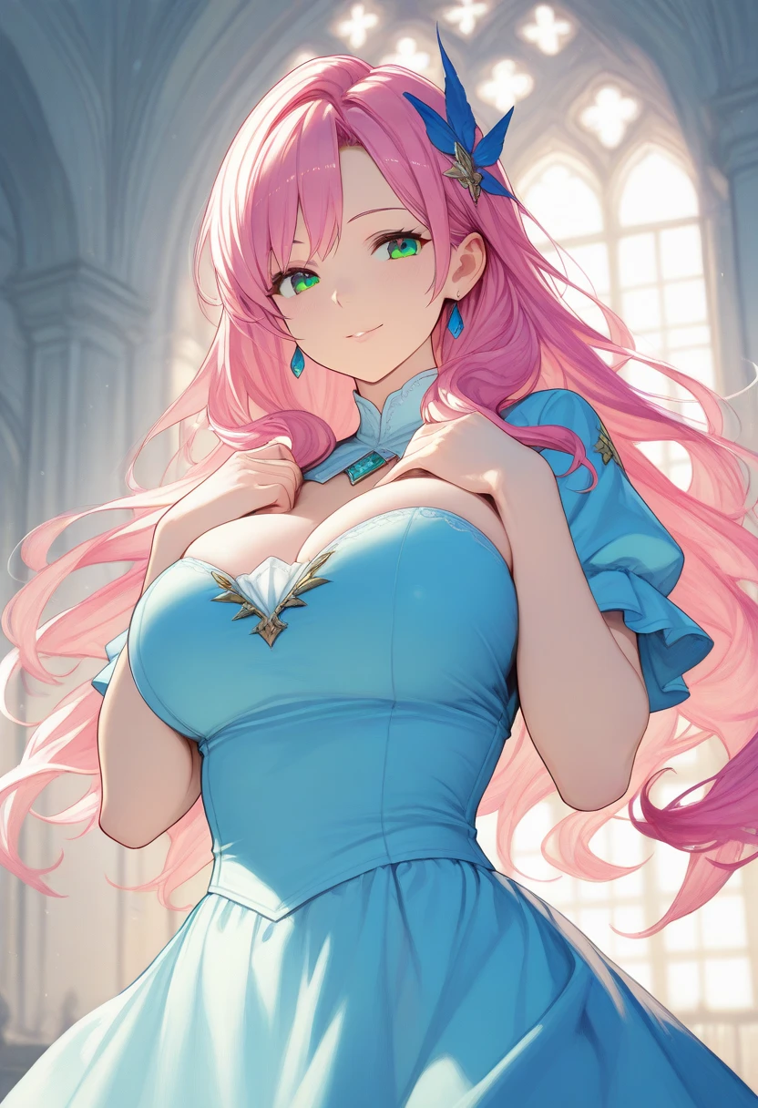 handsome WOMAN,blue-eyes,blue pupils,Long pink hair,Hyperresolution,accuracy,Detailed rendering,(Subtle facial image)(Image of fine hair)(topquality)(Masterpieces of masters)(High degree of completeness)(A sense of atmosphere)tmasterpiece,Super detailed and super detailed(half-body portrait), long wavy pink hair, (((tHICK WAVY HAIR)))(((ANKLE LENGTH HAIR)))(((Blushing)))(((Huge breasts)))(((LARGER BREASTS))) large breasts, bigger breasts (((Bigger breasts))) (((Blushing))) (((Sakimichan))) (((Pink hair))) (((festival casual dress)))(((Focused))) (((Hair in a long ponytail))) (((Ponytail))) (((elf ears))) (((Smiling)))