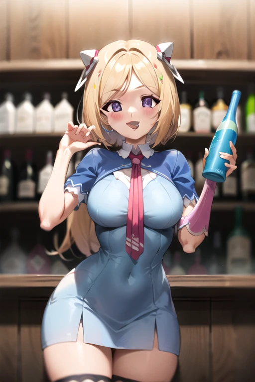 masterpiece,her age is 19 years old,(pointed chest:1.3), cleavage:1.1,(double breasted:1.2,under bust:1.2), a silver blonde haired girl, wearing a brown viking clothes, curly medium hair, beautiful hair, slim body, wearing furry capelet with hoody, he close her left eye, shirt ornament, aqua eyes, sho show her back, ahoge, red vest, baby face, big breast, beautiful breasts, rounded breasts, braid hair, long sleeves, beautiful eyes, white stocking, droopy eyes, smile, (with sparkling eyes and a contagious smile),open mouth, Looking at Viewer,