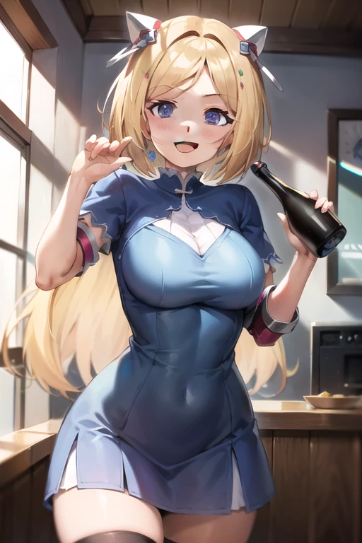 (dynamic angle:1.3, front view:0.9, breast focus:1.3, from below:1.2), (dynamic posing:1.5, sexy posing:1.3, leaning forward), (seductive smiling:1.3),masterpiece, 1girl, pointed chest:1.3,(double breasted:1.2,under bust:1.2), Amazing Cleavage:1.3, thin waist, big ass, Raised sexy, big breast: 1.2 posed cleavage:1.2、solo, looking at viewer, open mouth, silver bronde hair, blue eyes, bare shoulders, collarbone, sidelocks, hairband, sapphire earrings, indoors, red off shoulder sweater dress, arms behind back, short hair with long locks, blue gold hairband, big side hair, very long side hair is rendered in (masterpiece: 1.2, best quality), with (ultra high resolution) and an exquisite (depth of field). This masterpiece is not only visually stunning but also tells,A scene of cooking in the kitchen