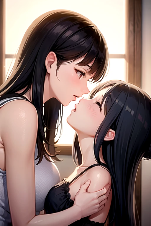 masterpiece, quality, A high resolution,((( 2 girls))), ((Yuri)), ((this kiss:1.4)), giving a hot kiss, in the bedroom, sexy lingerie
