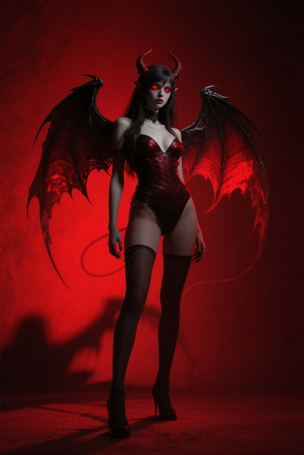 A demonic woman with large bat-like wings、Devil Woman High Definition, Widescreen, Drop Shadow,