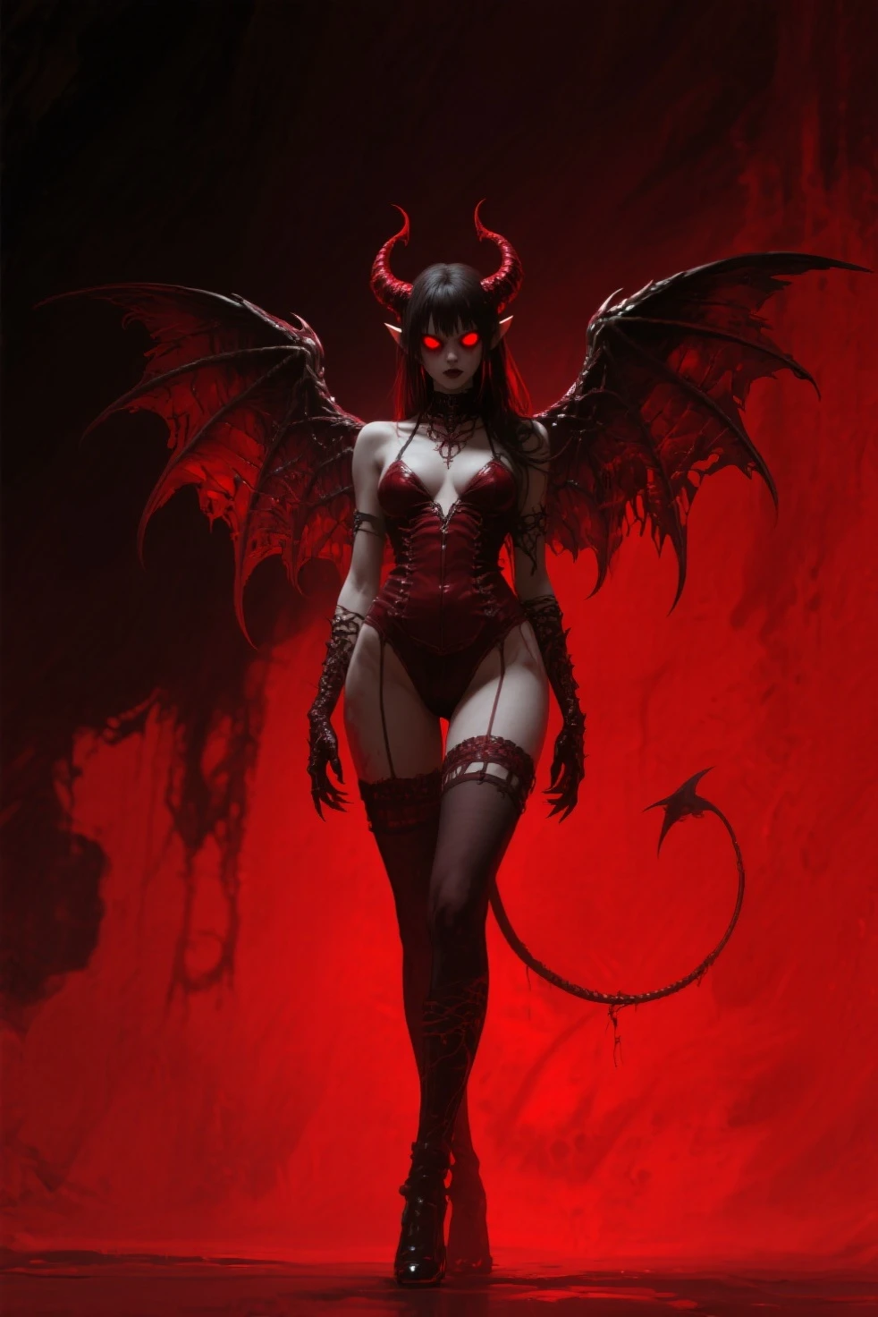 a painting of a holy succubus with horns, all fours, ass, gloves, vampire the masquerade bloodlines, incredible art, gloomy background, nimbus, church ragged vestments, darksketch