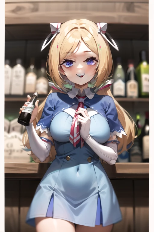 blush, glowing aura, natural light, masterpiece,  glossy skin, juicy lips , ,sexy, hot, ,  evil,juicy lips, bimbo, hour glass, blonde hair,  wide eyes, green eyes, massive boobs, dark lighting, long hair, pink bow, platform shoes, bow in hair, golden round glasses, sandy blonde hair, bimbo, cute, evil smile, no hair on forehead, no fringe, juicy lips,  red shirt, fast food worker, name tag, hat, scarf tie, yellow scarf tie, holding food and drink, holding tray of food, black striped jeans, 