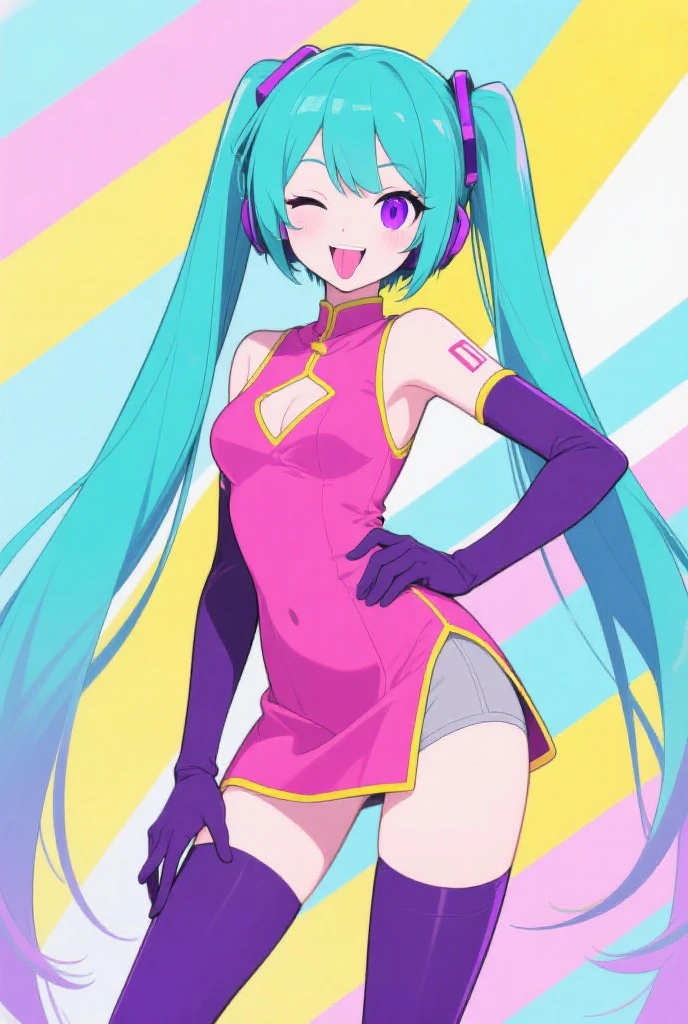 masterpiece, best quality, extremely delicate and beautiful, highres, original, <lora:ME!ME!ME! anylora20r22r25r60-000006:0.7>, MEMEME, long hair, dress, breasts, pink dress, purple eyes, very long hair, blue hair, medium breasts, collarbone, detached sleeves, cleavage, sleeveless, elbow gloves, sleeveless dress, gloves, purple thighhighs, blue panties, striped panties,