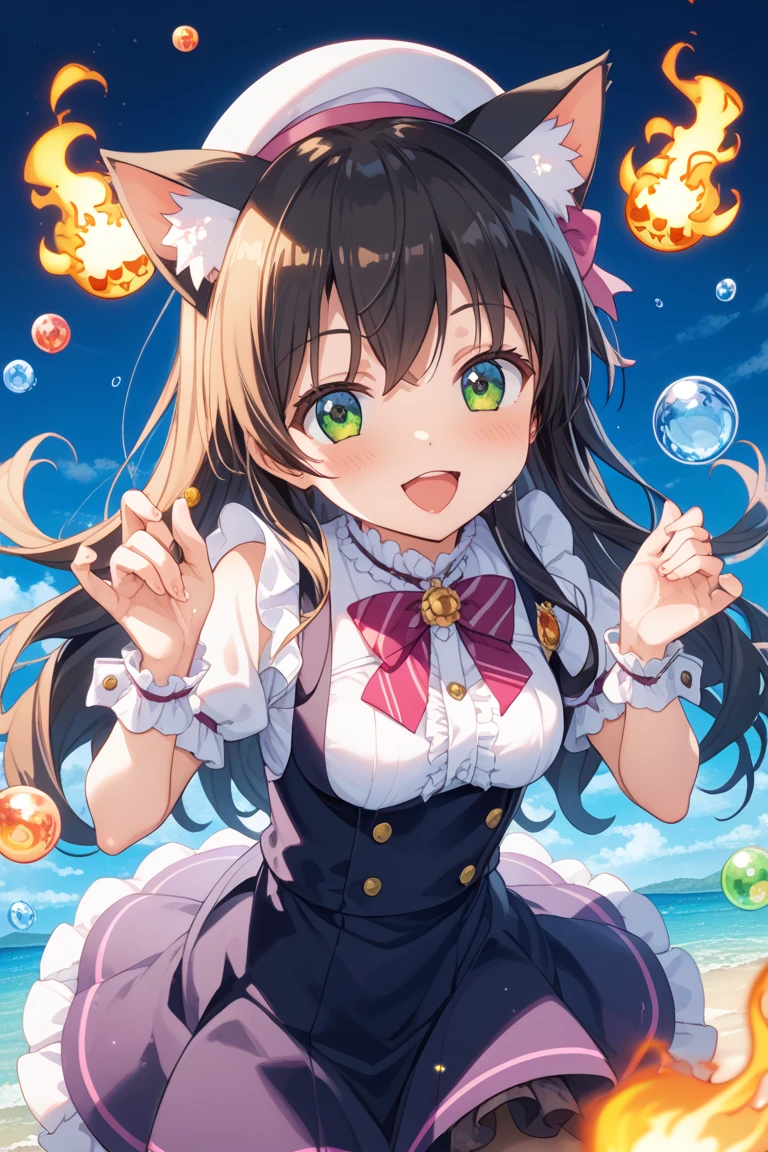 kawaii, anime style, masterpiece, best quality, ultra detailed, A girl floating in cider, 1girl, 16 years old, idol with paws, cute, (fluffy face:1.5), hardworking and friendly, khaki bob cut, cat ears, well-proportioned body with medium_breasts, human hands, (idol stage costume:1.5), white blouse and miniskirt, (cat tail:1.5), (bubbles, underwater:1.5)