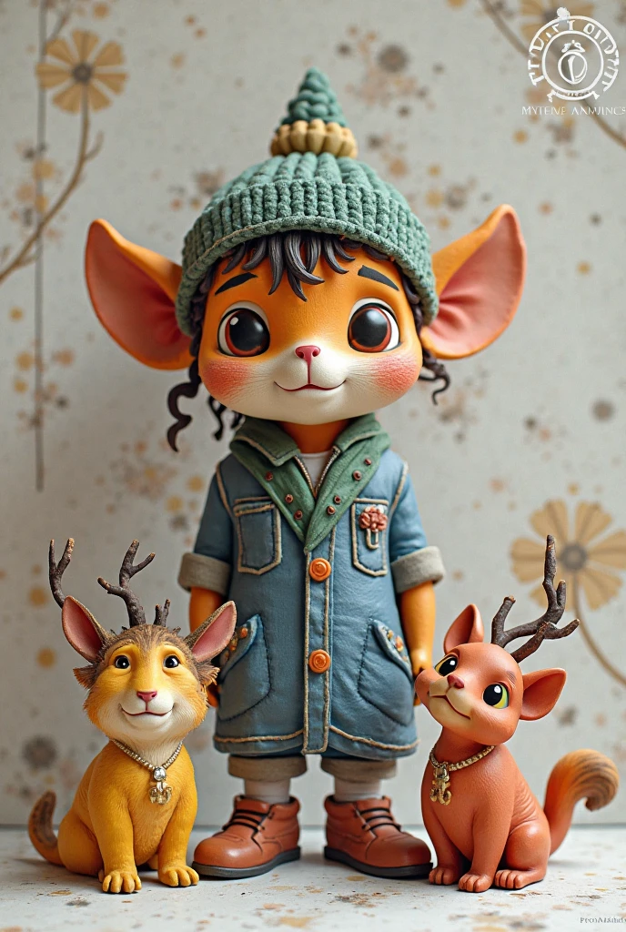 A small woman, 20cm tall, with long ears and a tail, adult body, wearing tattered clothes, standing on top of a desk.