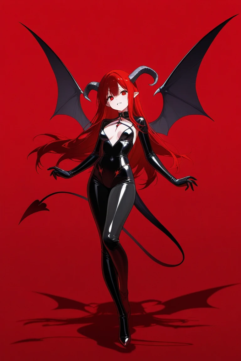 Crie uma succubus. She must have red skin, symmetrical face, chifres retorcidos, completely black eyes, cabelos longos e negros. Your body must have big breasts, Waist slender, quadris largos e coxas grossas. She must possess a pair of demonic wings located on her back and a tail with an arrow at the tip.