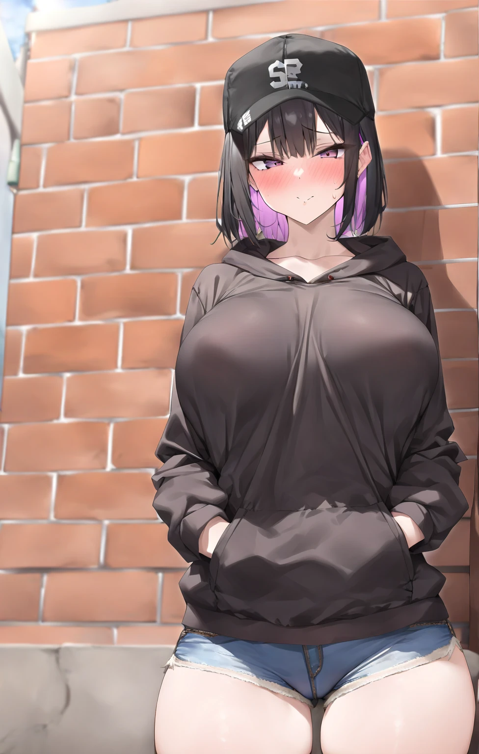 masutepiece, Best Quality, hight resolution, Long hair, greyt hair, bob cuts, Black Choker, a black T-shirt, Hood down, Green jacket, Open jacket, Bottomless, Standing, Cowboy Shot, Street, Smile, huge-breasted, Curve