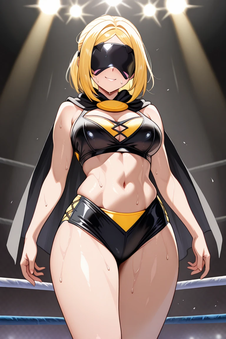 ((BLACK BACKGROUND,1:2, masterpiece)) full body MILF BIMBO standing with two long thighs and two metal sandals, red eyes, two-tone hair, brown hair, silver white hair, short bob style hair, big breasts, cleavage, separate sleeves, tiara royal, long cape up to two feet, yellow bikini, hands on waist, navel, toned body, lustful smirking smiling, smile face (red blushed, red cheeks), metal shoulders, gold sleeveless armbands, black leather choker slave collar (leather choker with big golden bell), shackle bracelets, red crest, pauldrons, breastplate, leather corset, eye focus, full body, whole body, 1solo, loincloth standing, hands on hips, big belt, view from below, feet together, bracers, tiara)