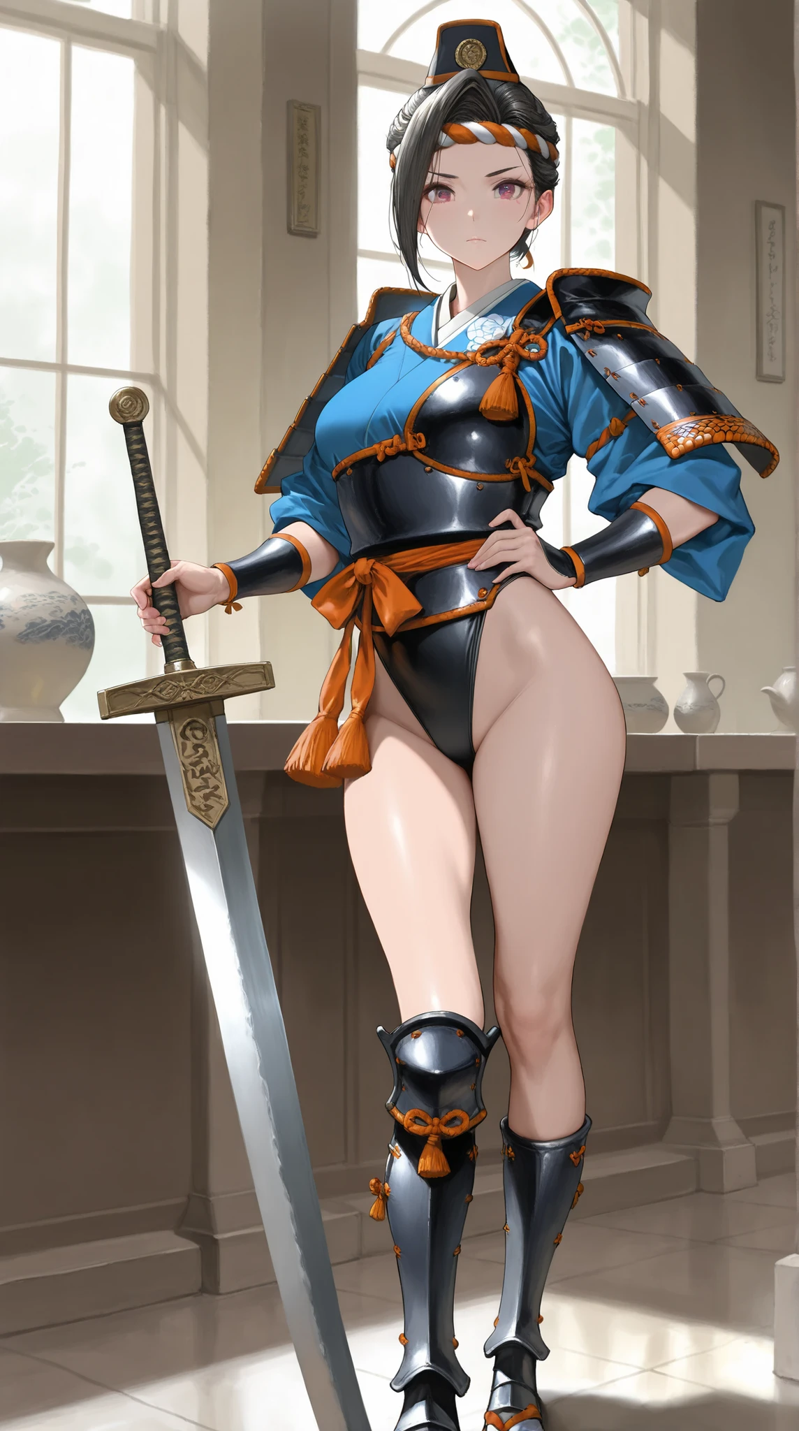 (high resolution, pixel perfect, gorgeous illustrations), (hyper quality, muste piece, etheric: 1.4), ((1girl)), (((nsfw, masturbation))), (((((pussy))))), (erect nipples), (((((((squatting,open legs))))))), ((tattoo)), ((mature woman)), cool atmosphere, (((((very short hair))))),
yellow eyes, ((((angry)))), (((blush))), (((((((muscular))))))), ((thick thighs)), (((wide hips))), ((flat chest)), fighter, (((woman))), (((wh_chi_armor))), ((bike_shorts)), (kneehighs), (high heels), lewd woman, (shiny skin), sweat, simple background,