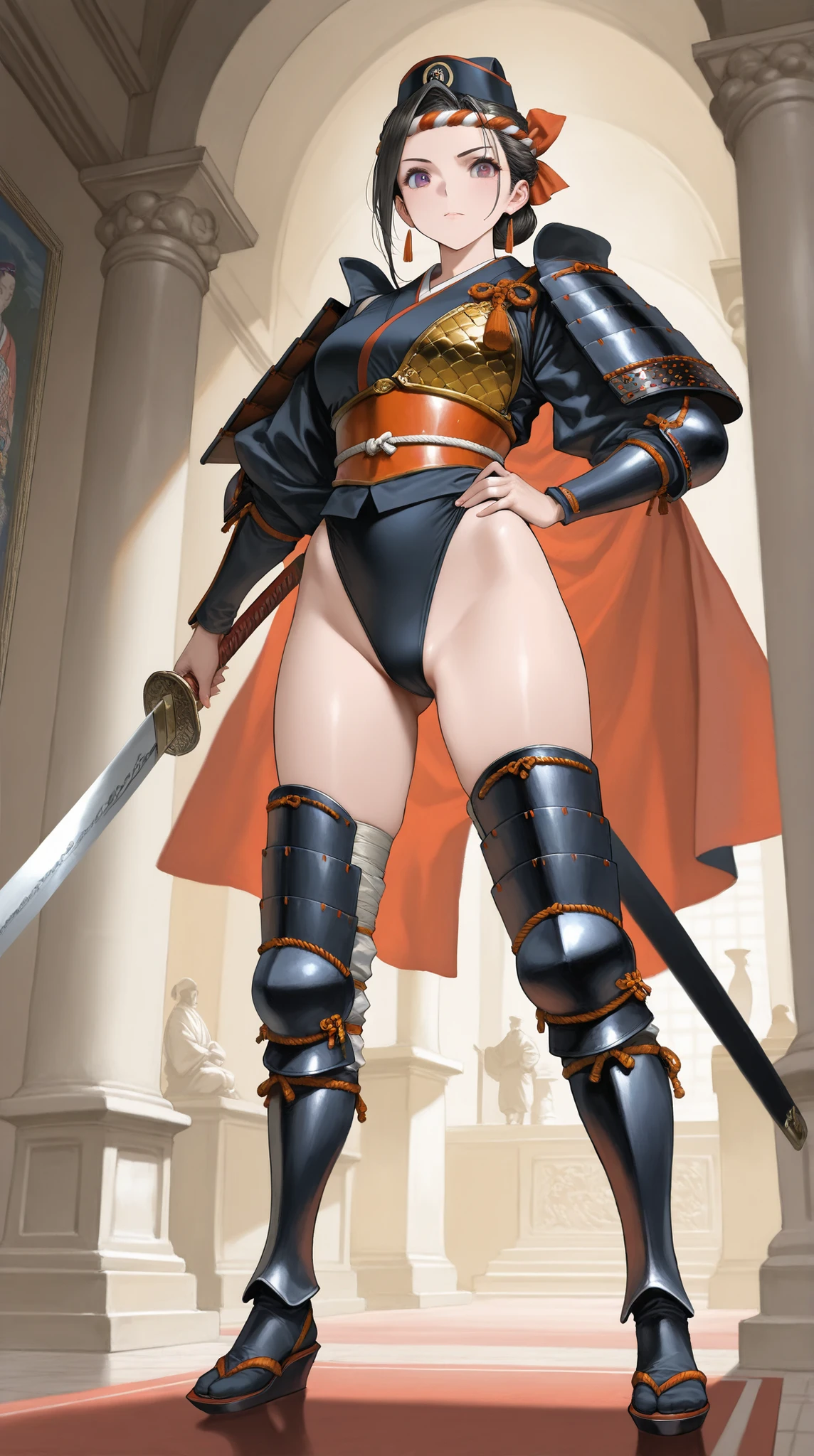(high resolution, pixel perfect, gorgeous illustrations), (hyper quality, muste piece, etheric: 1.4), (((cowboy shot))), ((1girl)), (female savage), woman, bitch, (((straddling))), cool atmosphere, black hair, (((((very long hair, slicked_back_hair))))), Exquisite face, ((aroused, oral invitation)), blush, (((((((muscular_female))))))), (thick thighs, wide hips, Big breasts that are about to burst), fighter, ((wh_chi_armor)), (waist-cape armor), (((leotard armor))), erect nipples, (((((cameltoe))))), high heel boots, (((scars on body))), shiny skin, gleaming skin, sweat, simple background,
