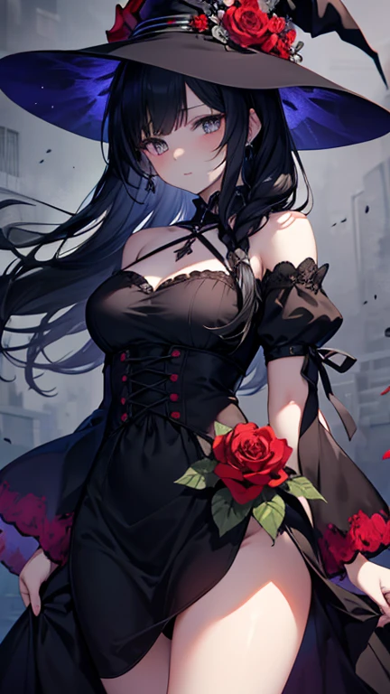 Girl with black hair, in a black dress with roses and a rose on her eye