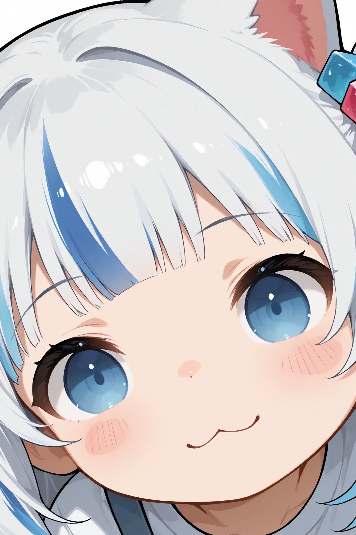 1girl\(Gawr Gura\), casual outfit, white shirt, suspenders, blue eyes, blue hair, white hair, multicolored hair, streaked hair, blunt bangs, one side up, hair ornament, cube hair ornament, blush stickers, cat ears, animal ears, chibi, :3 expression, solo, portrait, transparent background, virtual youtuber,
BREAK,ray tracing, UHD, retina, masterpiece, accurate, anatomically correct, textured skin, super detail, high details, high quality, best quality, highres, 1080P, HD, 16k