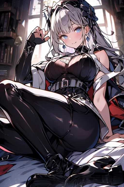 sovetsky_Soyuz, grey hair, long hair, earrings, choker, black shirt, black suit, Black pants, red belt, black gloves, Cleavage, large breasts, first rate breasts, grey eyes, sharp eyes, Long eyelashes, symmetrical eyes, eye shadow, ominous vibe, expressionless, stoic, relaxing, anime, aesthetic, Anime screenshot, Ultra quality, UHD, high detail. Reception, hotel, night time, posing, sofa, sitting