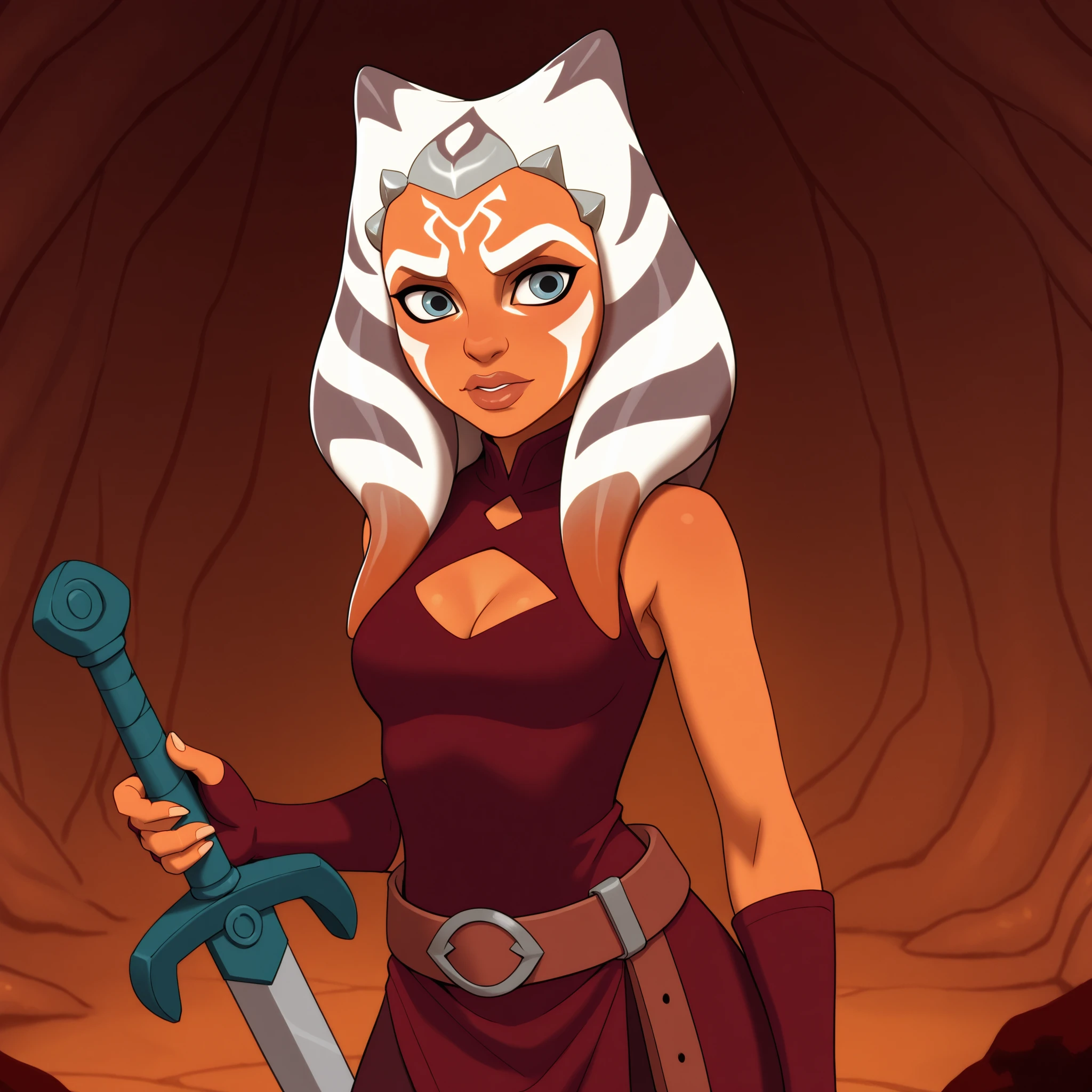 masterpiece, best quality, DisneyClassics disney ahsoka tano, long hair, blue eyes, lips, colored skin, facial mark, tentacle hair, alien, orange skin,
gloves, bare shoulders, belt, sword, fingerless gloves, clothing cutout, tattoo, cleavage cutout,