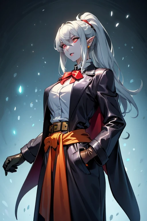 female, silver long hair with black highlights, red eyes, (((1girl))), (((red pirate coat with black accents))), (white pirate blouse), (black vest), (black pirate boots), (brown pants), (red pirate hat with white feather and black trim), cute and sexy, large breasts, large butt, full body, long legs, smiling
