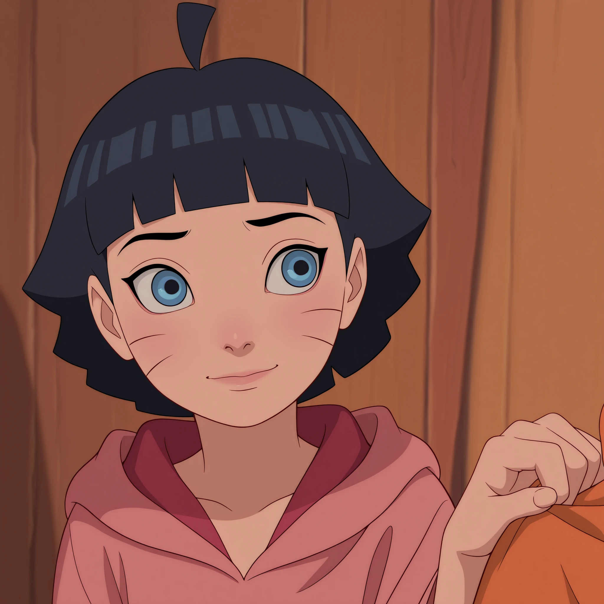 masterpiece, best quality, DisneyClassics disney himawari uzumaki, short hair, bangs, blue eyes, black hair, blunt bangs, facial mark, whisker markings, ahoge,
