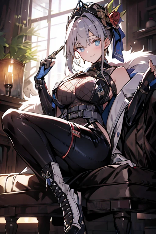 One person、Slender lizard man、masterpiece、Highest quality、Black body、There are scars on the body、Sharp Eye、Light blue lace underwear、Lace fabric bra、Knee-high socks、garter belt、Long, thin tail、Hooded camouflage coat、Sitting on the roof of a building at night、Accentuate the crotch