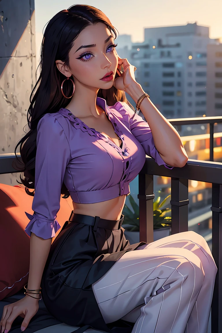 1girl, beautiful face, ((white eyes)), sexy pose, Red moon in the background, stars, space, (lightroom:1.13), soft light, (natural skin texture:1.2), (Hyperrealism:1.2), sharp focus, focused,[[realistic]]Front open shirt、Jacket、G-cup bust、Reddish-purple hair、Purple bra、skirt、Glamorous figure、Big Ass、Side view、
