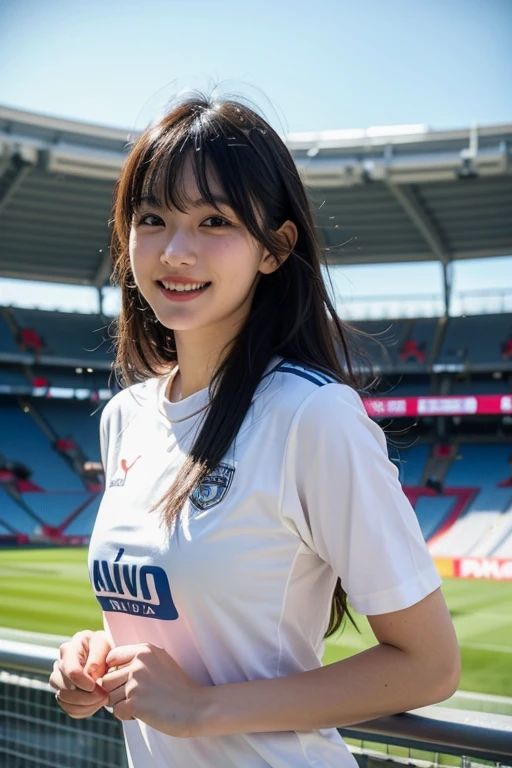 (Best-quality, Masterpiece, Ultra-High-Resolution, (Photorealistic:1.4), Raw Photo, depth of field, professional lighting, perfect anatomy, extremely details), 1girl, 15-years-old, the most famous Japanese idol, (((At soccer-stadium, wearing blue soccer-uniform, watching soccer on big-monitor, innocent smile))), (extremely cute face like the most popular Japanese idol, (extremely cute and extremely big black-eyes), extremely beautiful black-long-hair, (extremely beautiful and extremely realistic skins), extremely cute long-eyelashes, extremely cute lips)