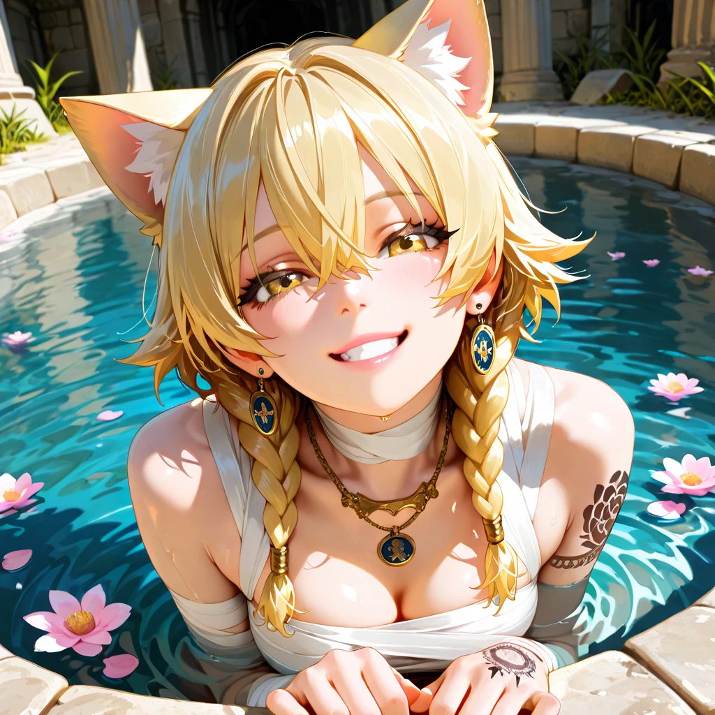 35 year old woman blonde hair with pink tips , orejas de gato , yellow eyes like amber, piel morena bronceada, piel oscura, sonrisa coqueta, pechos grandes, desnuda, pechos grandes desnudos, , angry expression, frown, boca abierta, de pie en un lago cristalino. 1 sola mujer, chica sola.