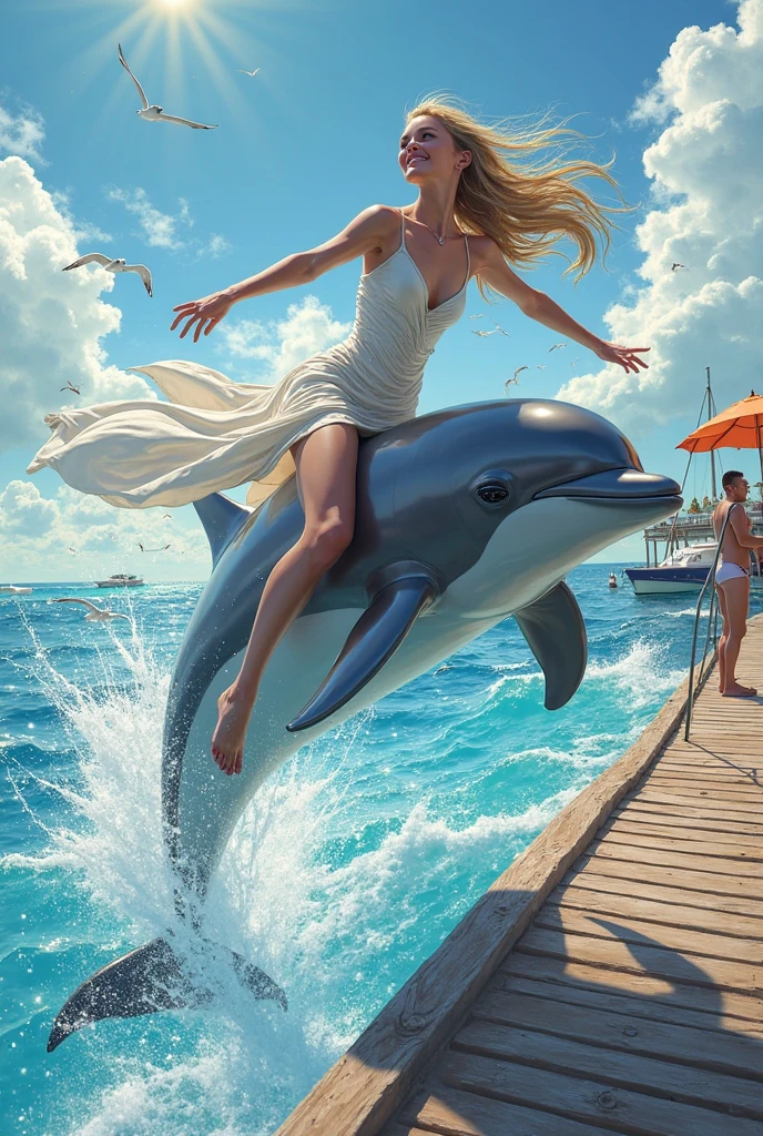 Dolphin monster humps beautiful Topless aroused, young, blonde teen bikini girl in the water, realistic, perfect body top quality bestiality