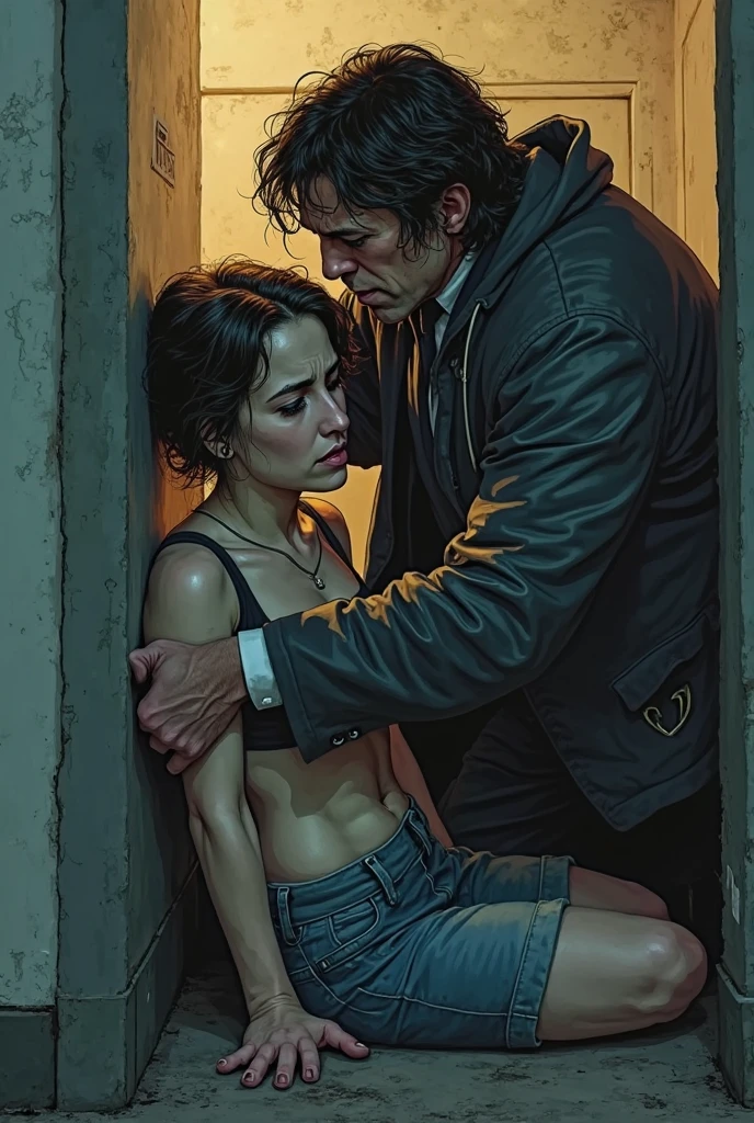 NSFW, (((Top quality, Photo realism, tmasterpiece))), (1 middle-aged man and 1 girl, A couple:1.5), 19 year old girl in black tight bike set, Dark blue ponytail, Height 165 cm, huge tit, Buttock augmentation, Fitness model, The girl showed a shy and nervous expression, Ruddy cheeks, Wheezing, perspire, The whole body is drenched, ((She leaned against the wall, inner thigh, Hide your hands behind your back)) 。50-year-old middle-aged man in orange shirt, (Man hugs 1 girl from behind:1.5), (The man touched the girl's:1.5), In cramped toilets, View from above.