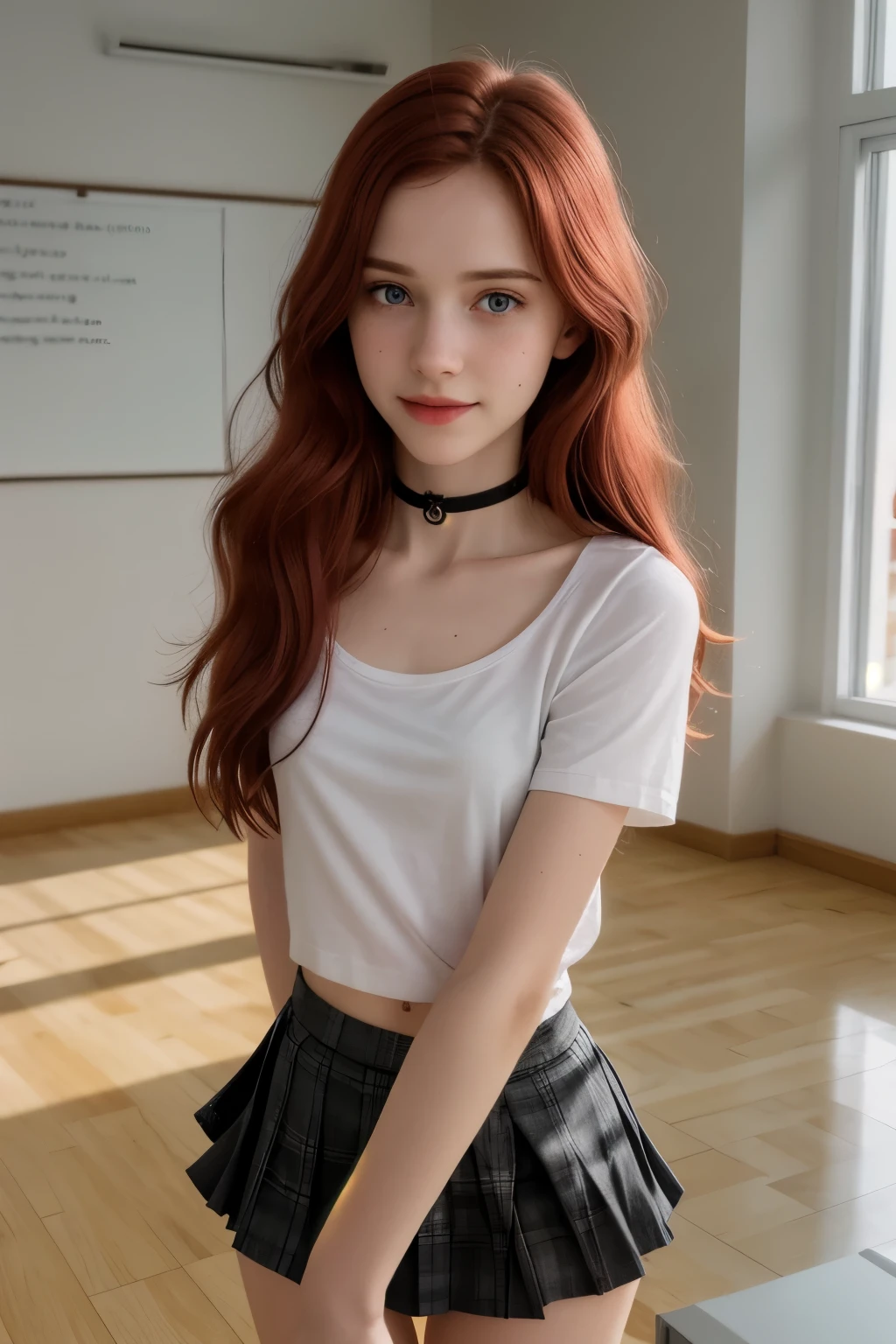 RAW photo,( skinny redhead girl:1.2), wearing a sheer school shirt and pleated skirt, in a classroom, (best quality, high quality), hyperdetailed, highres, high detail, intricate detail, HDR, 8k, sharp focus, detailed background, perfect hands, realistic eyes, detailed skin texture, (blush:0.5), (goosebumps:0.5), subsurface scattering, 16K, ultra high res. photorealistic, HDR, UHD, DSLR, RAW, cinematic lighting, dimples on the cheeks , blush, graphic eyeliner , rouge, ( lipstick:0.6), (choker:0.9), Realistic skin texture , (red:0.8), warm lighting , cozy atmosphere, instagram style, Not suitable for work , naive, shy, , delgado, fit, beautiful, beautiful, pale skin, Photorealistic, skinny bodie, smiling happily, very long red hair with hair ties. (toned arms:1.1) Beautiful detailed face, small tit, thin girls, thin girl, skinny girl.