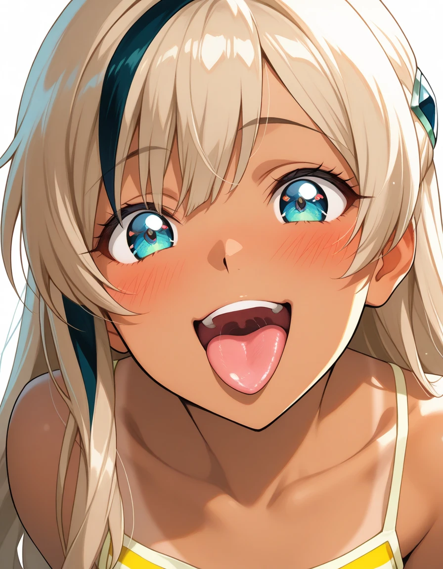 One Girl, Gray Hair, Low twin tails, A teardrop grinning, Denim shorts, Small breasts, Cheeky face, Slut, Looking Down, looking at the camera, ass pov, Brown Skin, Off the shoulder, Covered by a body position