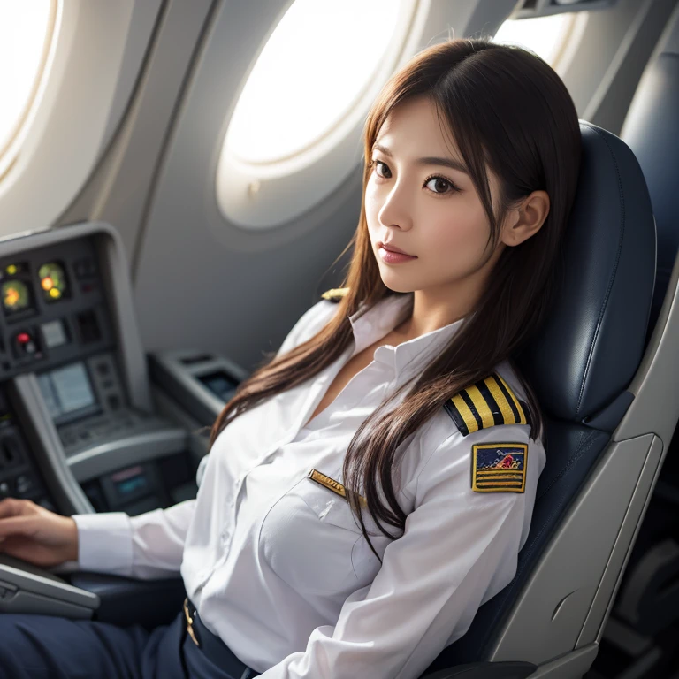 (Perfect detail: 1.5, 8k wallpaper, masterpiece, Highest quality, Very detailed) ,Stewardess with super sexy cleavage、(Perfect detail: 1.5, 8k wallpaper, masterpiece, Highest quality, Super detailed) ,A super busty stewardess with cleavage、Very beautiful and cute face、Japan idol faces:1.24,
Inside the first class cabin of an airliner、Smiling stewardess standing in the aisle next to the luxury seats。The cabin is spacious.々and、Luxurious brown leather seats、Woodgrain Panel、It features soft lighting。The stewardess is wearing a red miniskirt and a black uniform.、Her black bob hair gives her a professional look.。Seat belts on the seats、pillow、There is a blanket、Some of the seats are occupied by relaxed passengers.。Outside the window, I can see blue sky and clouds.、The cabin is bathed in soft, warm lighting.。