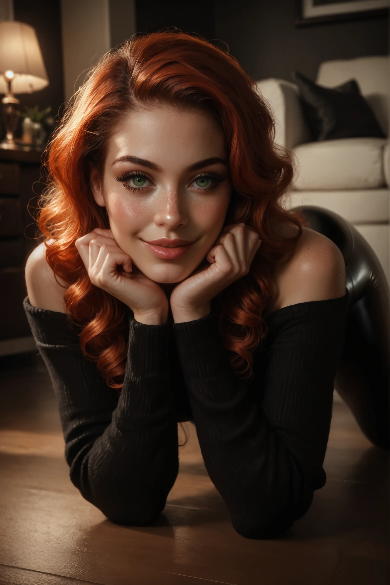 beautiful, thin, Redhead with большой lips , freckles , with long curly hair, in a short black sweater with off the shoulders, In black tights, black knitted yoga leggings, большой round ass , большой ,  bare feet. this girl in sexy position , sat down,  hands rest on the floor  , legs apart , in the living room, out of four,  Pop high , at night , seen from the front , gentle smile, dark green eyes , long lashes, cinematic picture, realistic,  very detailed , excellent quality, glossy leather, beautiful,  charming, long lashes, arrogant facial expression, dark green natural eyes, realistic, realism, gorgeous    