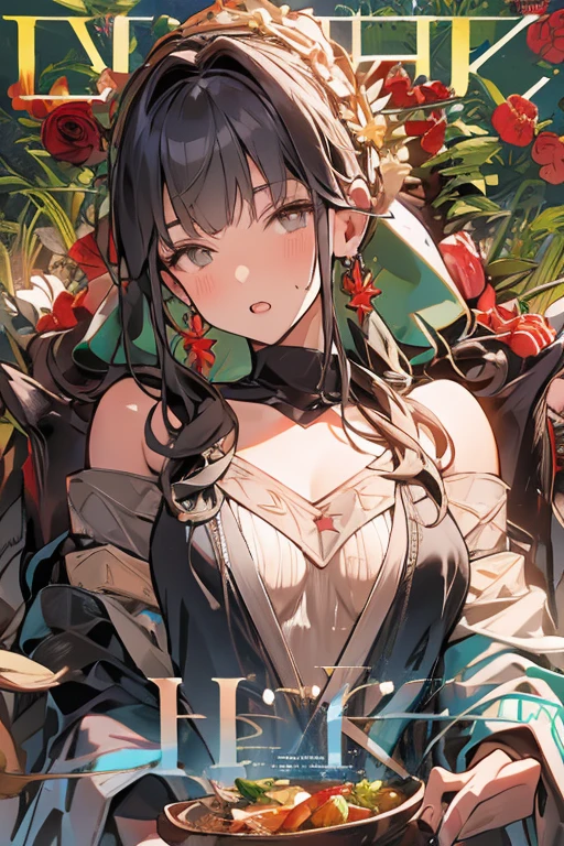 Two-dimensional girl, long black hair flowing, green deep eyes, gentle smile, green black idol costume, magazine, text, idol, magazine cover, sister style, exquisite picture, best shadow, best picture quality, best light, rich detail, high resolution, masterpiece.