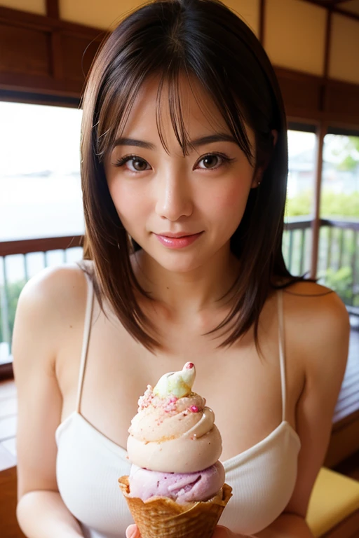 (art by:Super sexy and super cute Japanese Adult Cute:1.5), Daytime in autumn , 1 persons , Cute woman showing her teeth and smiling, Hair color is brown , Hair is semi-long length to the shoulders, マイクロハイレグBikini with ピザ print、Super big、sexual excitement、(((アフタヌーンティー)))、Outside a medieval European-style café , tea parties、a cake、 macaroons、donut、cookies、black tea、cute little、Cute 、Dolce、fluffly、Dolce、Pale shades