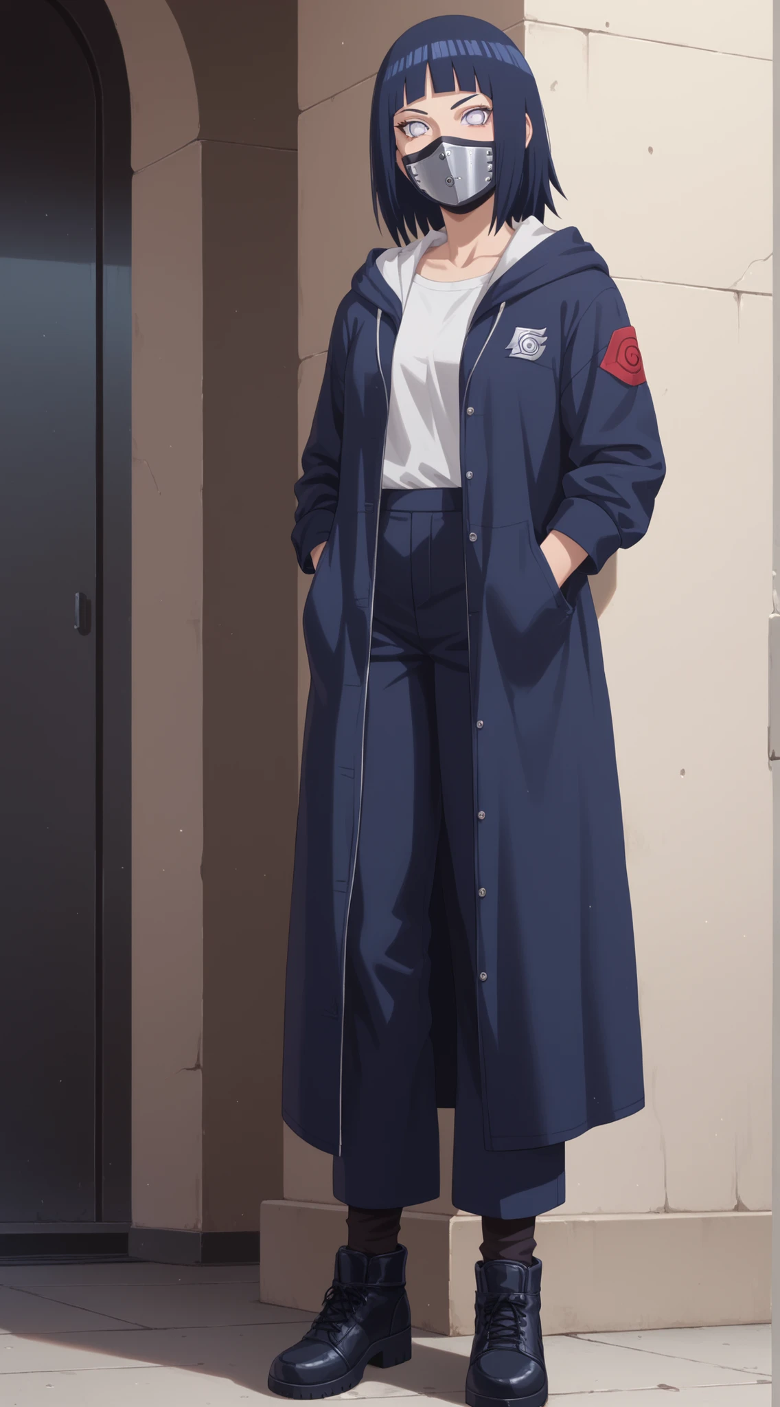 score_9,score_8_up,score_7_up,solo,looking at viewer, Hyūga _Hinata's/Boruto, White Eyes, Medium hair, Her's Long Bangs one that covers her face and the other hangs behind her head down past her shoulders,Dark Blue hair,(Future Era, Alternate Sci Fi Of Naruto Universe ) (the secret underground bar)), lustfull Female, Very Attractive Woman, Perfect Body School, formal, work attire - design your absolute favorite uniform!, uniform With Hoodie, and Mask, Detailed Eyelashes, Perfect Thick Eyelashes, Dark-Red Eyelashes, Cyber Templar Organization Leader, Standing, Full Body Focus Shot.