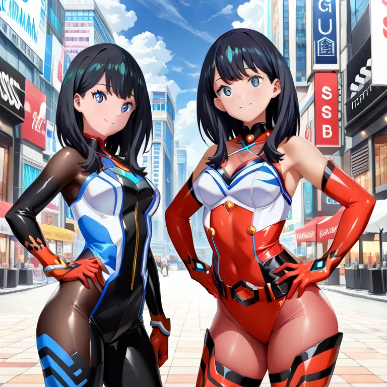 photo of 1 jpn-girls,locker room, crowd, large breast,(full body shot),wearing glossy sky-blue colorful rhythmic-gymnastics-leotard, rainbow print,red jacket,(headphone:1.2),sunglasses,hoodie,baseball_cap, cleavage, body-fit, thighs, bare-legs, big anime eyes with shiny reflection, innocent smile, black hair,long hair