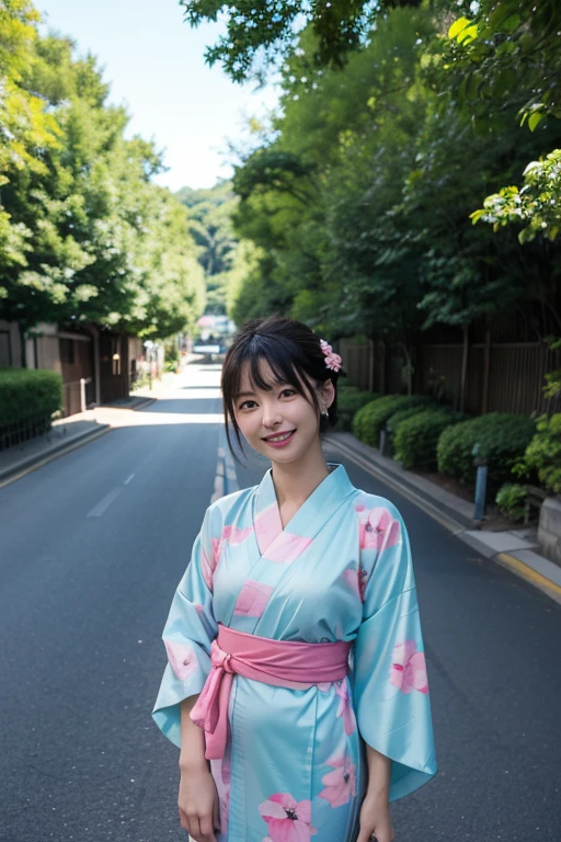 A cute girl in a kimono with her hair tied up is standing. She is wearing a hair ornament and taking a walk in nature. Old Japanese temples and buildings can be seen. Her kimono is open and we can see her cleavage. 4k ,ultra high res ,(photo realistic: 1.1) ,detailed face ,large breasts ,kawaii,