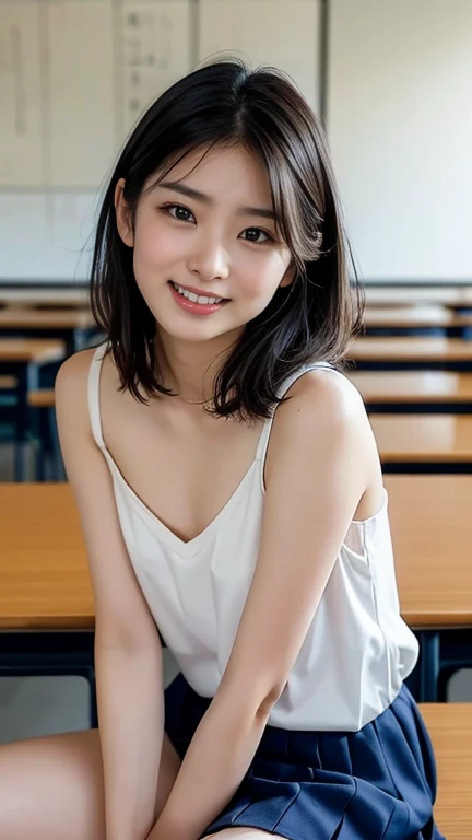 neat college girl, ((top-quality,8K,masterpiece,Photorealsitic)),Small and delicate figure. portraitures, Soft lighting, Beautiful detailed eyes, Double eyes,Delicate eyes,a baby face、Excitement and anticipation,childhood innocence,Enchanted moments,A smile that makes you want to hug, Happiness and joy、horny beautiful girl,Hands on the chest,I keep my hair up and short、short-hair、((accurate hands without incongruity,Precise feet without discomfort)),Transparent skin,Cute white clothes,thighs thighs thighs thighs,off shoulders,peaceful holiday,Inside the classroom,with your back to the blackboard,Sitting at a desk