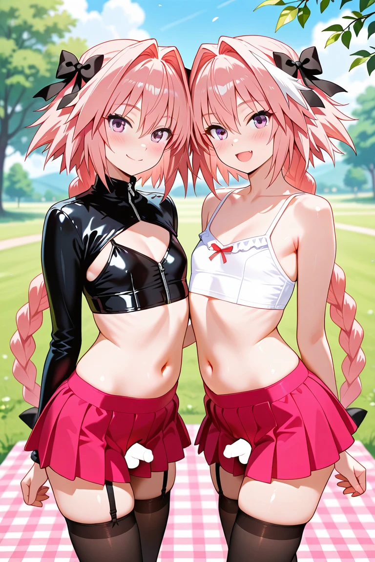 Zero Two Darling in the Franxx, 1 girl, under the chest, naked tits, Big , Sticker on the boob, smiling at the camera, Bunny Pose, pose sexy, bottom view, behind sight, Pink mini skirt, Stockings with garter belt, perfect body, We see her slim and tight ass, wet with a , pink hair, she is on a cyberpunk day light city street, 8k, real fur, realist, HDR, ultra resolution, light leaks