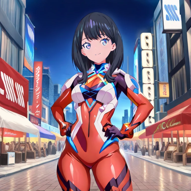 extremely detailed CG unreal engine 8k, best quality, (detailed fingers, detailed hands, detailed face), all intricate, 1girl, beautiful detailed girl, (ultragirl :1.0), ultraman bodysuit, leotard, bare legs, upper body, smile, thumbs up, stylish posing, hand on hip, standing, detailed buildings behind, outside