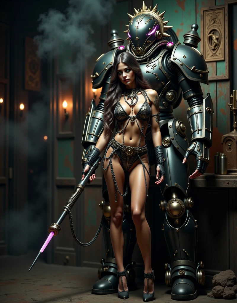 full body fantasy image ancient sexy beautiful Aztec queen, black long braided hair, black big eyes, red full lips, long graceful neck, white skin, long graceful thighs, standing in front of complex alien alien machine, pipes, gears, smoke, steam, 3D , elaborate abro details, twilight, foreboding, gloomy, futuristic