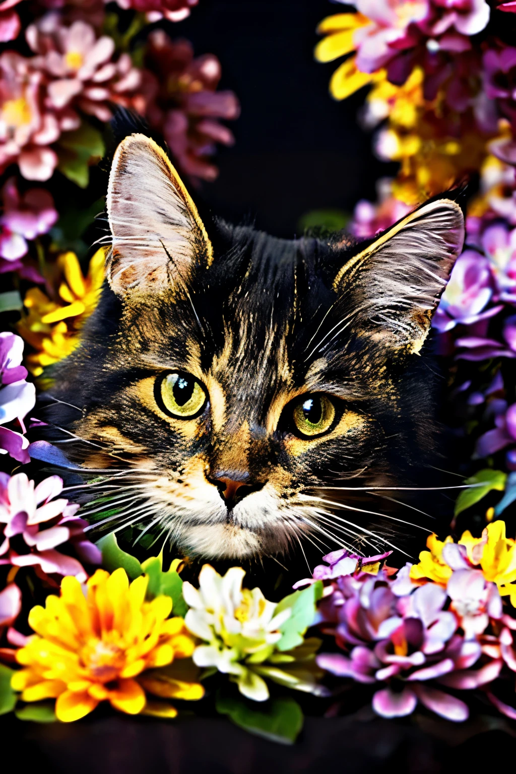 Close-up of a cat silhouette formed entirely by a mosaic of colorful flowers and petals, each bloom exquisitely detailed, arranged to define ears, face, body, and tail, set against a deep black background. Ultra high-resolution 8K, hyper-detailed 4K painting style, in the aesthetic of Alex Gray × Beeple × Jeremiah Ketner, with a subtle “puzzle art” vibe.