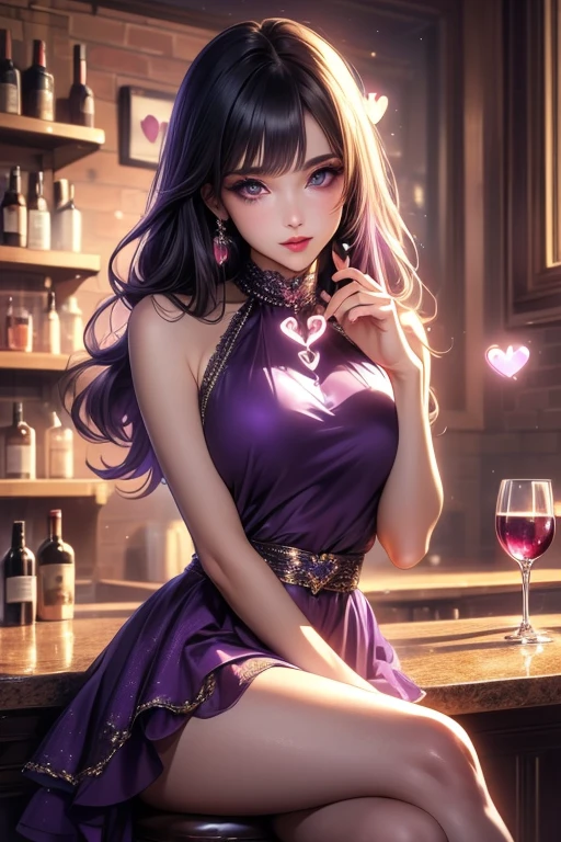 araffed woman in purple dress sitting at a bar with a bottle of liquor, a photorealistic painting inspired by Lan Ying, tumblr, fantasy art, gorgeous chinese model, elegant glamourous cosplay, japanese goddess, alluring mesmer woman, cleavage, beautiful detailed body and face, beautiful alluring anime woman, breasts covered and sfw, faye valentine, a beautiful fantasy empress