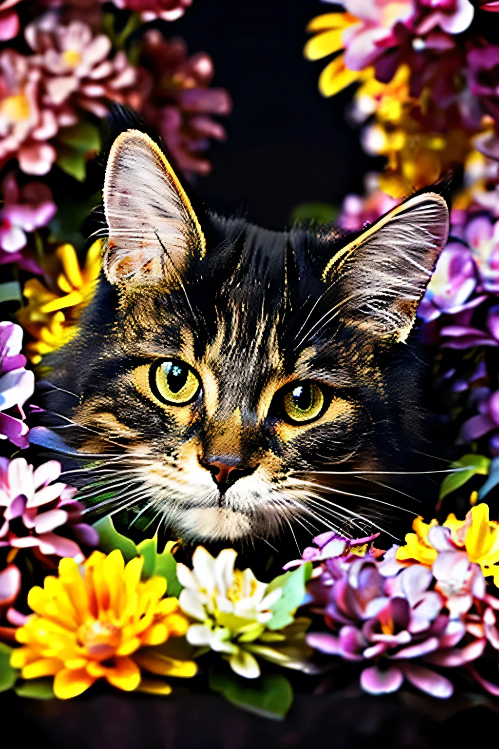 Close-up of a cat silhouette formed entirely by a mosaic of colorful flowers and petals, each bloom exquisitely detailed, arranged to define ears, face, body, and tail, set against a deep black background. Ultra high-resolution 8K, hyper-detailed 4K painting style, in the aesthetic of Alex Gray × Beeple × Jeremiah Ketner, with a subtle “puzzle art” vibe.