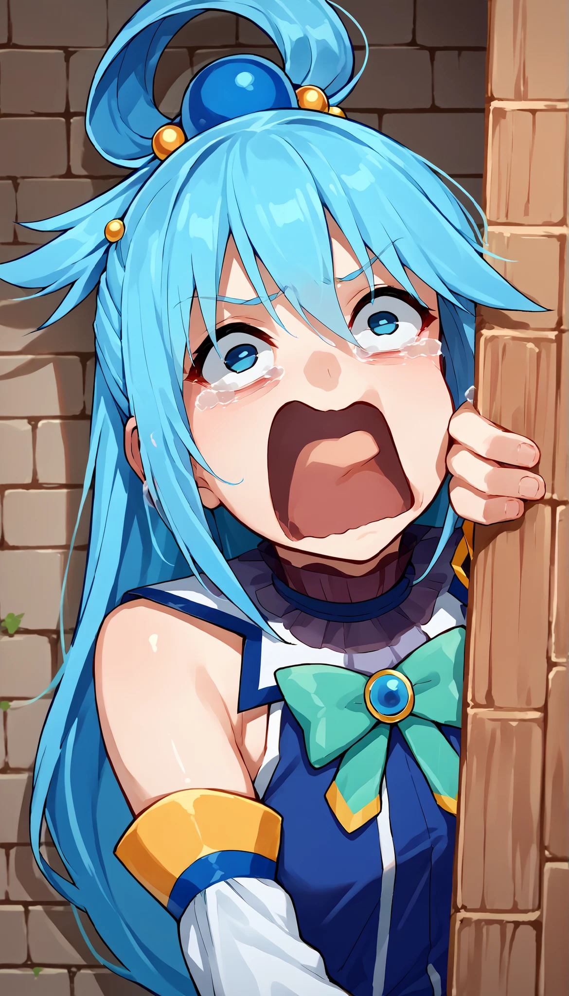 score_9, score_8_up, score_7_up, source_anime, solo, 1girl, aqua \(konosuba\), peeking out, upper body, hiding behind wall, aquascreaming, screaming, open mouth, crying with eyes open, blue hair, hair rings, blue eyes, sleeveless shirt, detached sleeves, bare shoulders