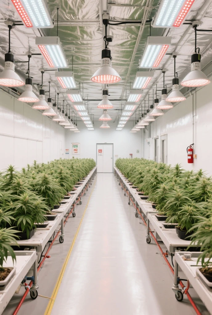 Indoor marijuana growing room, multiple rows of hanging planting lights, plants show a healthy green, plants are placed in white containers with blue and yellow borders, overlooking the Angle, the ceiling is neatly LED lights, unified white lights, lights reflected on the plants, <lora:GANnabis:0.4>,industrialization,intelligentize,High technology,fining,overlook,Hemp seedling, Indoor marijuana growing room, multiple rows of hanging planting lights, plants show a healthy green, plants are placed in white containers with blue and yellow borders, overlooking the Angle, the ceiling is neatly LED lights, unified white lights, lights reflected on the plants,