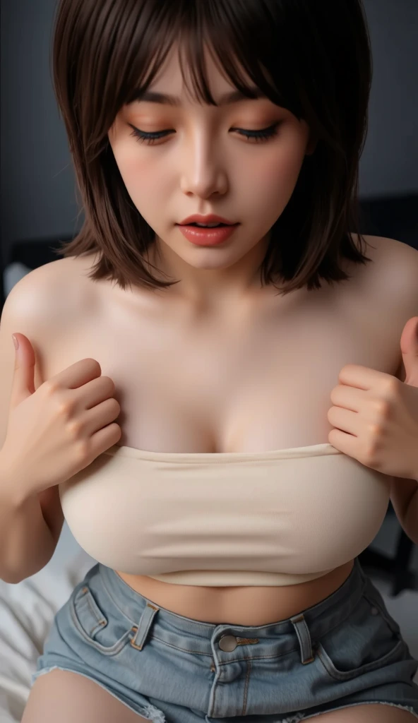 Super beautiful shining eyes、(((realisitic)))a picture, masterpiece, top-quality, 1girl in, a slender waist, top-quality, pale-skinned, Black background, (Face and eye details:1.1), Unique, red blush, ((full of shyness)), extremely delicate and beautiful girl, dynamicposes, (to8contrast style), torch clothes, naked body, nude, full naked, showing, beatiful tits, hard nipples, magazine cover, no black and white, wet body, small breast, hard nipples, sexy bunny suit, bunny ears, payudara mengualarkan susu